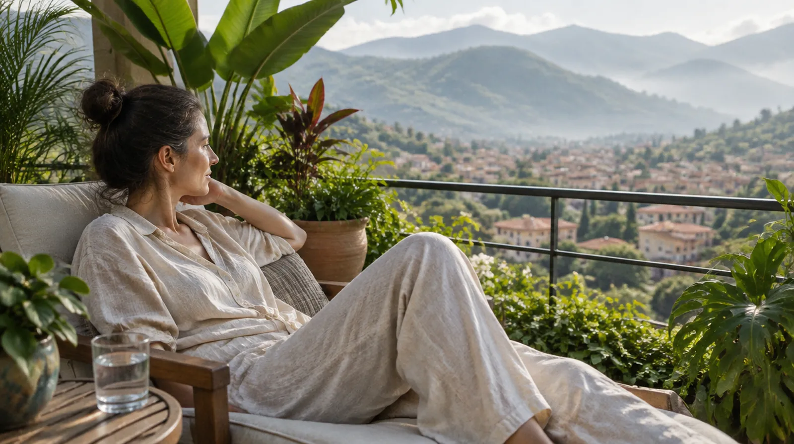 A woman in a linen outfit resting on a leafy balcony that looks out over green mountains and a valley city