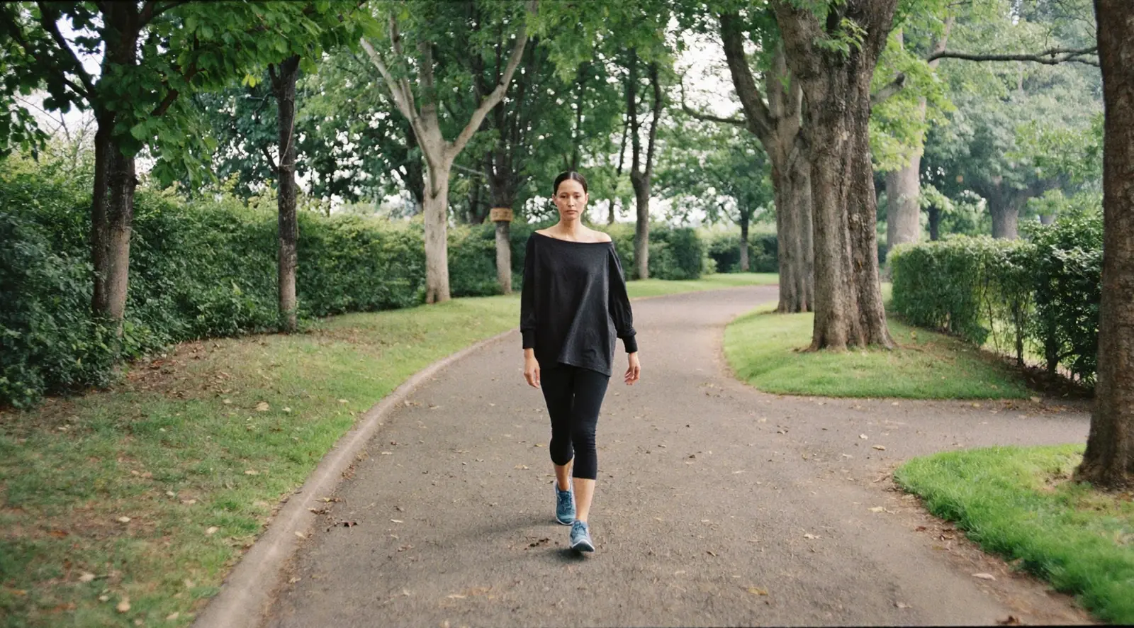 A woman in a loose black top and leggings walking alone along a paved path through a leafy park