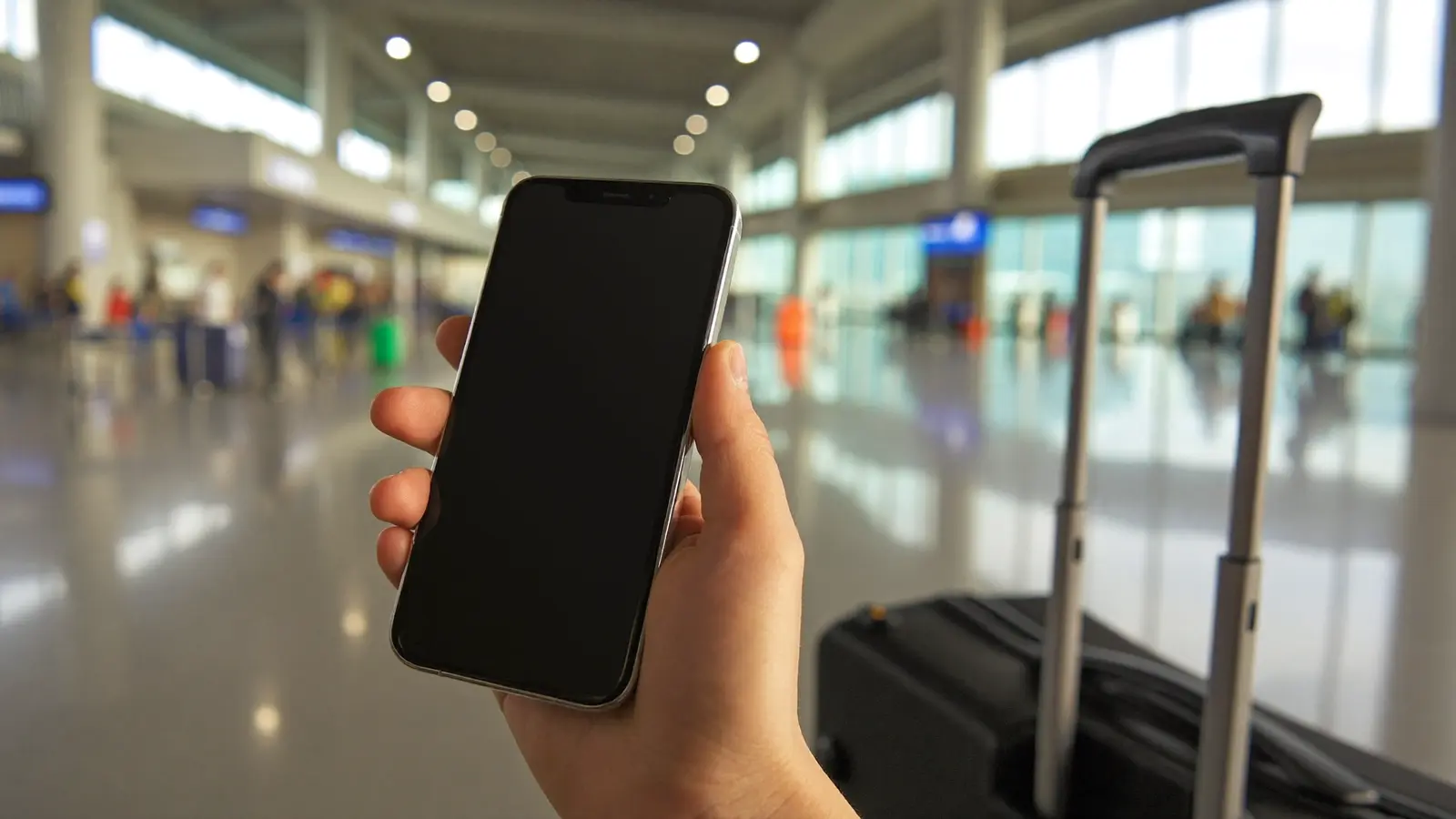 A hand holding a smartphone in a bright airport terminal, a black carry-on suitcase beside it