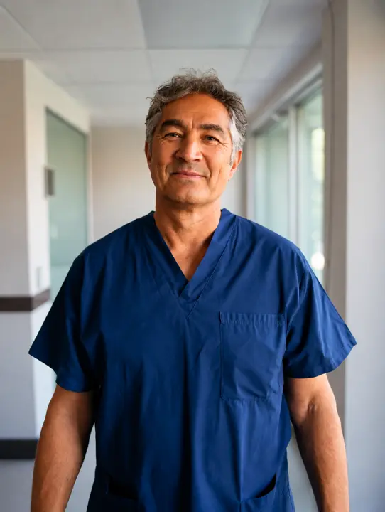 A surgeon in plain navy scrubs standing in a bright hospital corridor