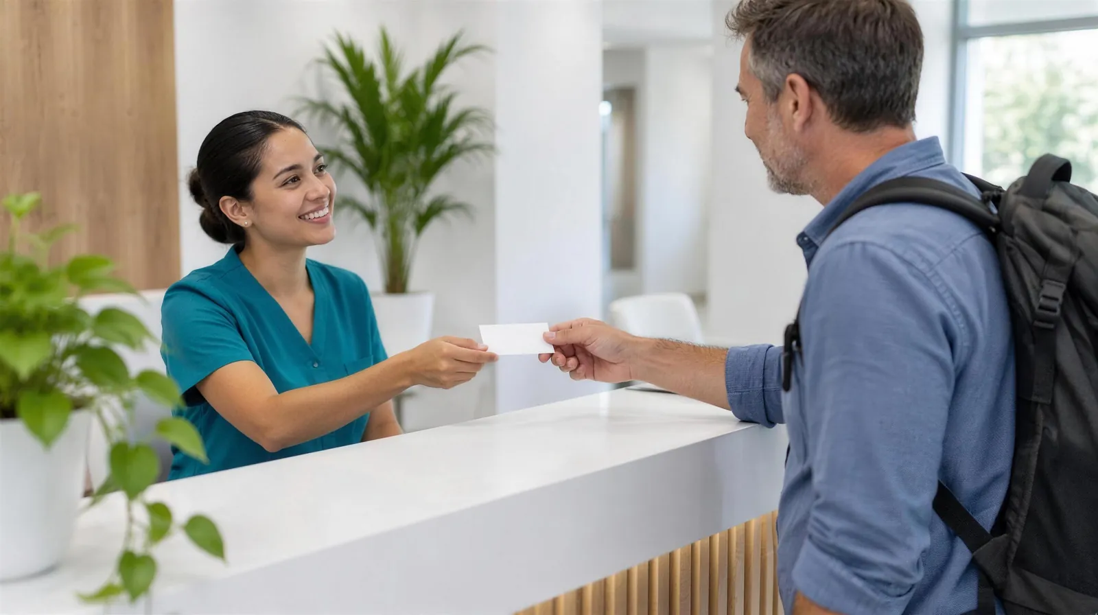 A receptionist at a bright private clinic takes a card from a traveler with a backpack