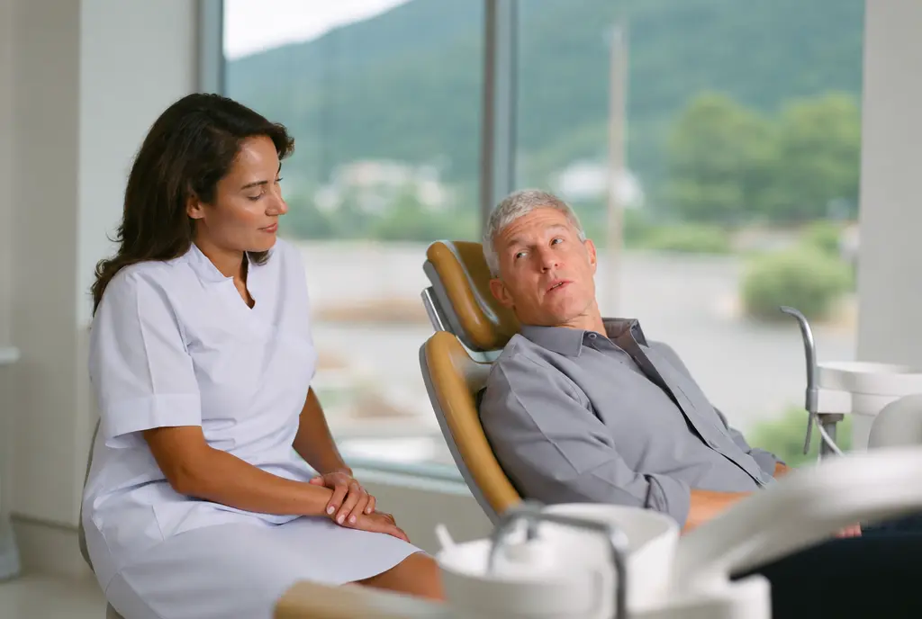 A dentist in a Medellín clinic talking with a gray-haired American patient in the dental chair