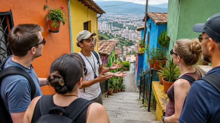 A local guide talking to a small group of travelers on a steep stairway between brightly painted houses